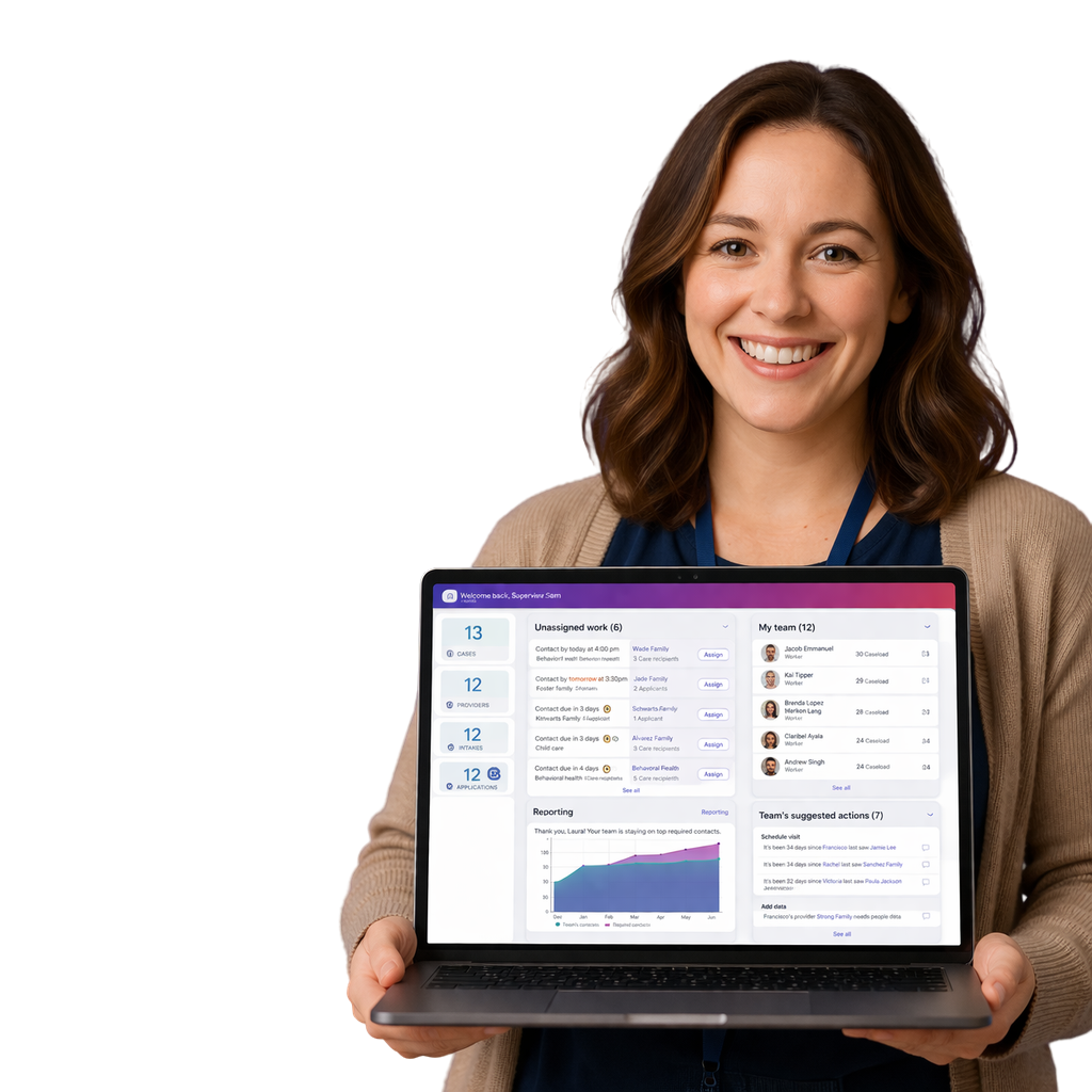 social worker holding laptop with social work software