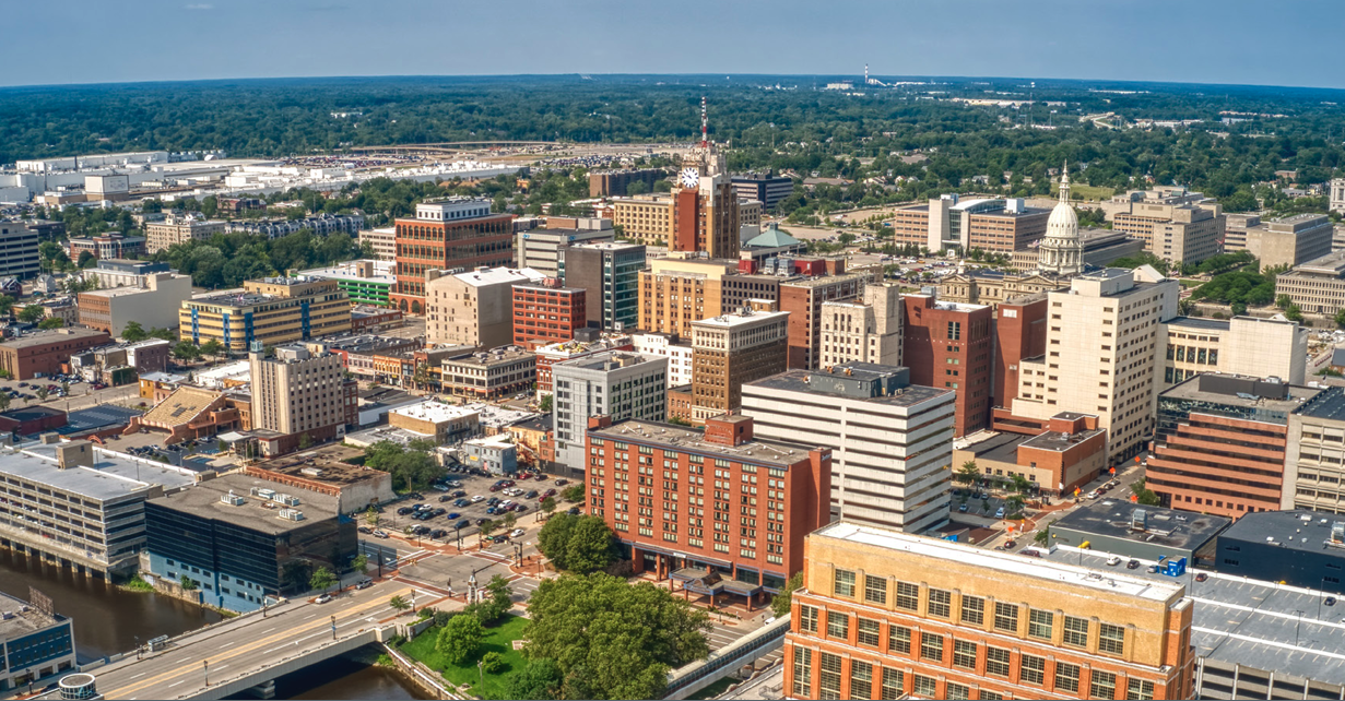 Aerial view of downtown Lansing, Michigan, from the Lansing Police Department case study