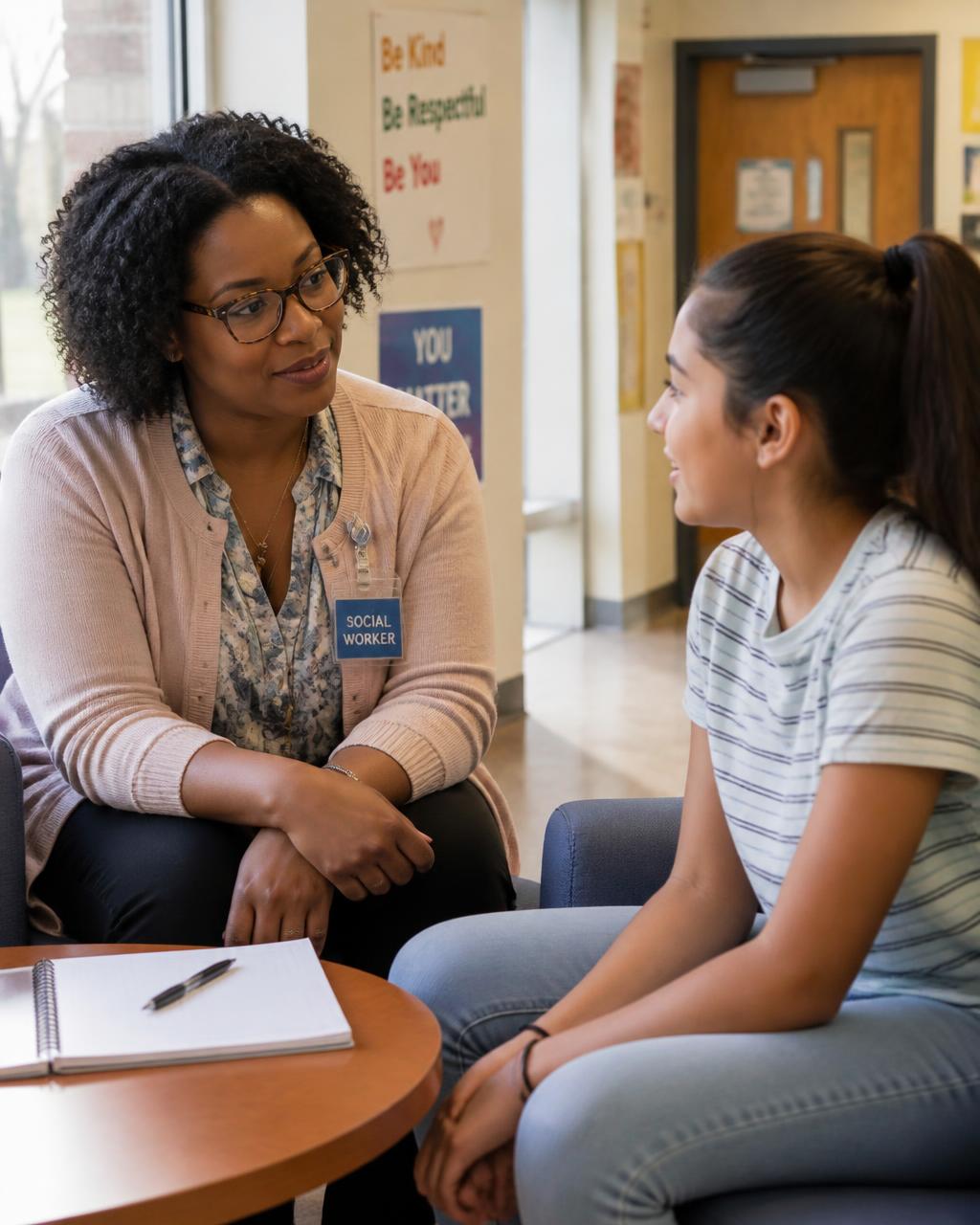 A school social worker talking with a student in a school hallway